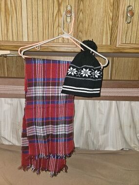 Plaid Red Winter Scarf with Black Knit Pom Beanie Bundle